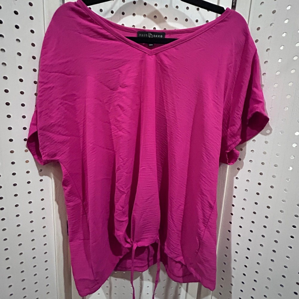 FRED DAVID Womens Top Tunic Pink V Neck Short Sleeve Tie Front Size L